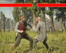 Red Dead Redemption 2 hoofdpersoon Arthur Morgan vecht tegen een NPC in Mortal Kombat stijl. (Afbeeldingsbron: Blurbs op YouTube, screenshot)