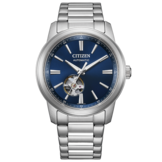 Citizen NH9150-52L automatisch horloge met een blauwe wijzerplaat met zonnestraalpatroon, een open hart-venster, een roestvrijstalen armband en een gepolijste lunette.