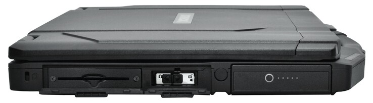 Uitbreidingssleuf (in dit geval met een optionele Smartcard-lezer), NVMe SSD-modulesleuf, Batterij
