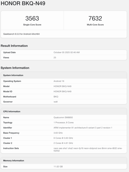 Geekbench-notering van de Honor Magic 8. (Afbeelding bron: Geekbench)