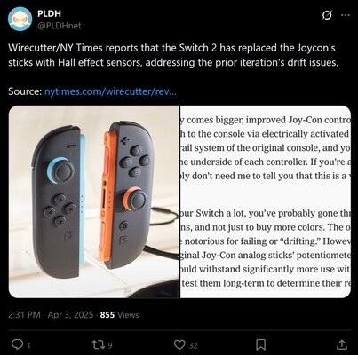 NY Times Wirecutter Switch 2 Joy-Cons indrukken X post (Afbeelding bron: screenshot, PLDH X account)