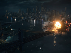 Een screengrab van de officiële onthullingstrailer van Battlefield 6 met een explosie op de Manhattan Bridge (bron: Battlefield YT)