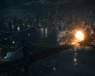 Een screengrab van de officiële onthullingstrailer van Battlefield 6 met een explosie op de Manhattan Bridge (bron: Battlefield YT)