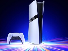 De Sony PlayStation 5 Pro-console op een verticale standaard met een DualSense-controller