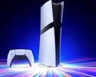De Sony PlayStation 5 Pro-console op een verticale standaard met een DualSense-controller