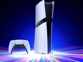 De Sony PlayStation 5 Pro-console op een verticale standaard met een DualSense-controller