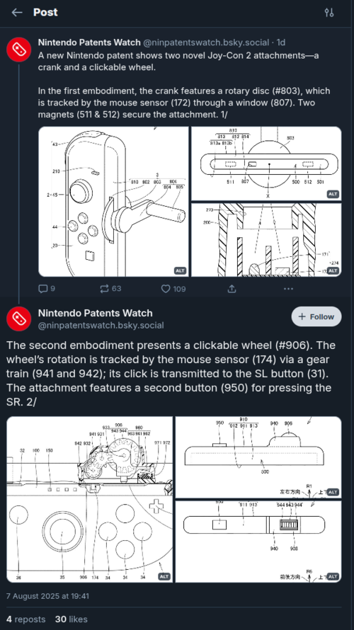 De Switch 2 zwengel zal waarschijnlijk zijn weg vinden naar een visspel, de jury is nog niet uit over het accessoire wiel (ImageSource: Nintento Patent Watch via Bluesky)