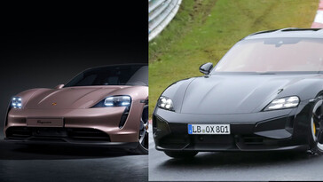 De bijgewerkte Porsche Taycan (rechts) heeft een veel schoner, scherper ontwerp aan de voorkant, waardoor de EV er veel agressiever uitziet dan het uitgaande model (links). (Afbeelding bron: Auto Express / Porsche - bewerkt)