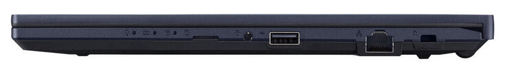 Rechterkant: geheugenkaartlezer (MicroSD, optioneel), audiocombo, USB 2.0 (USB-A), Gigabit Ethernet, sleuf voor een kabelslot