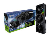 Een promotionele afbeelding met een witte achtergrond waarop een doos voor de Palit RTX 5080 OC Gaming Pro te zien is met een kaart die er verticaal naast gehouden wordt. (Afbeelding Bron: Palit)