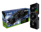 Een promotionele afbeelding met een witte achtergrond waarop een doos voor de Palit RTX 5080 OC Gaming Pro te zien is met een kaart die er verticaal naast gehouden wordt. (Afbeelding Bron: Palit)