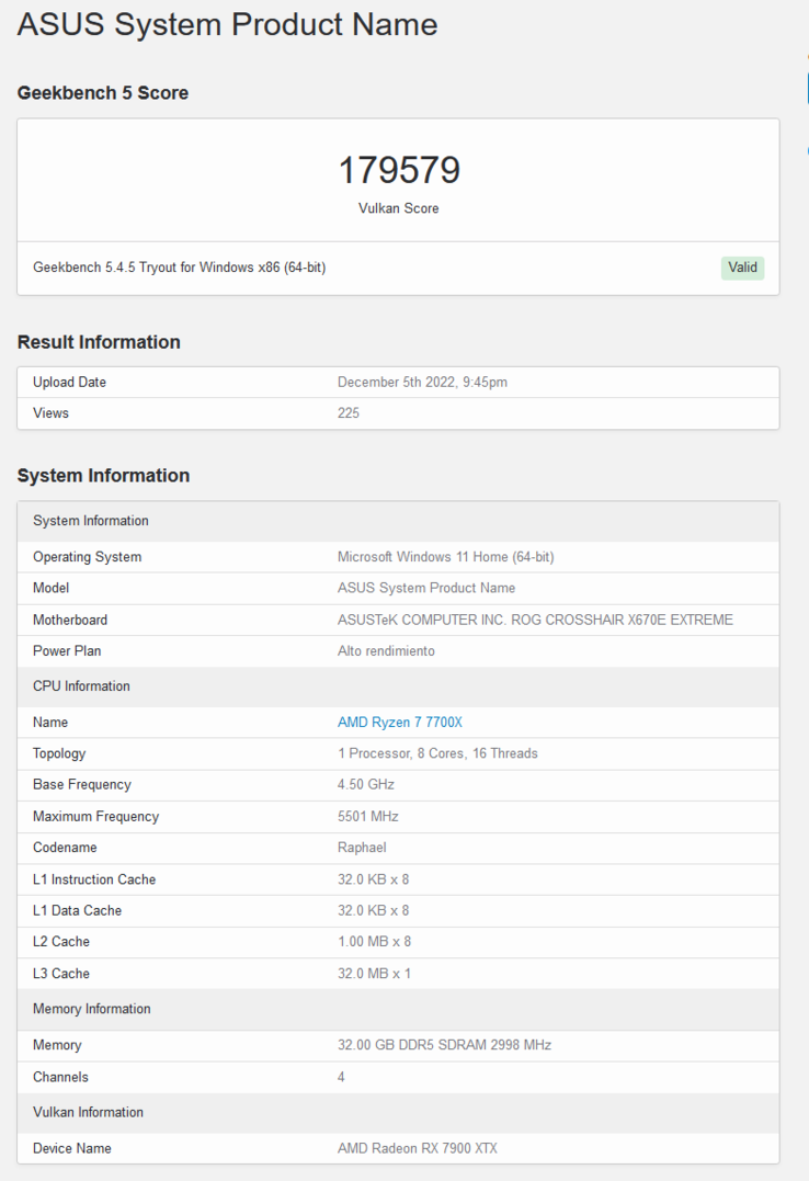 Bijgewerkte AMD Radeon RX 7900 XTX Vulkan score (afbeelding via Geekbench)