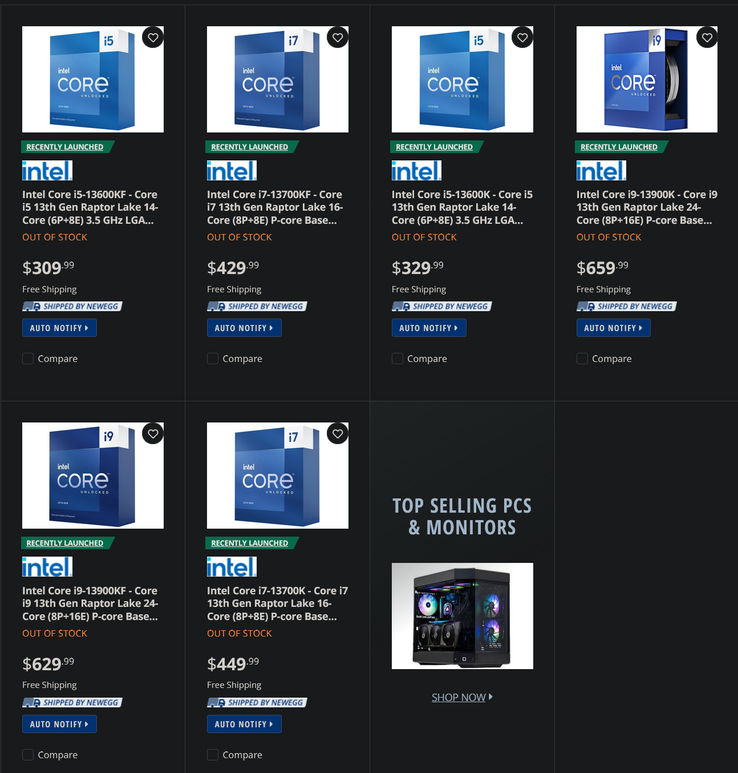 Intel i5-13600K/F, i7-13700K/F en i9-13900K/F pre-order prijzen (Afbeelding Bron: Newegg)