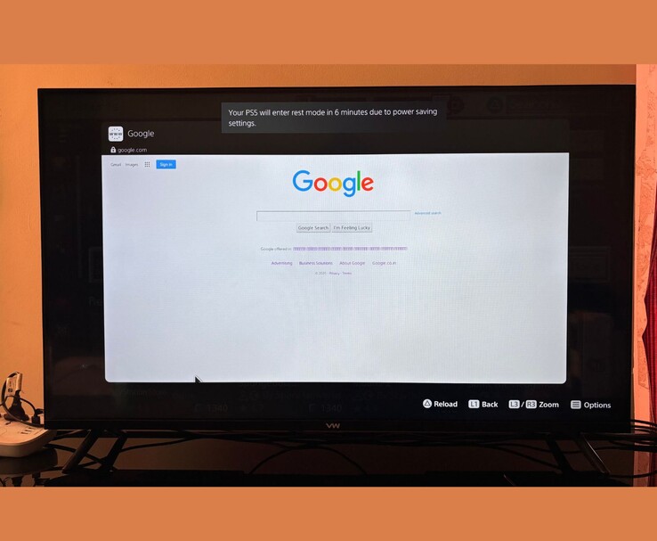 Google homepage geopend op een PlayStation 5 verborgen webbrowser, weergegeven op een TV-scherm (Afbeeldingsbron: Anmol Dubey / Notebookcheck)