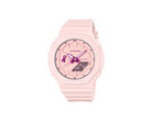 Een kleine, lintvormige wijzer op negen uur is de enige campagneaanduiding op het volledig roze horloge.