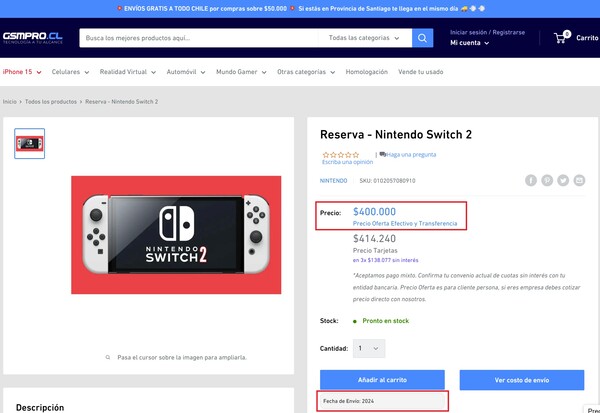 Reserveringspagina van Nintendo Switch 2. (Afbeeldingsbron: GSMPRO.CL)