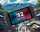 Switch 2 getoond met Japanse achtergrond