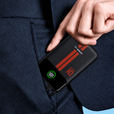 Honor Life-powerbank met ingebouwd display in een kledingzak