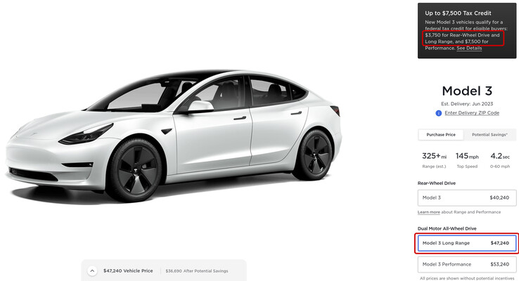 Tesla's Model 3 configuratiepagina laat zien voor hoeveel belastingkorting elk van de uitrustingsniveaus in aanmerking komt. (Beeldbron: Tesla)