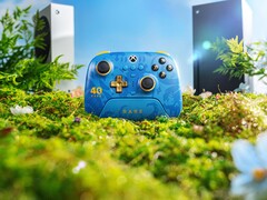 8BitDo Zeldzame 40e verjaardagscontroller met Xbox Series X en Series S consoles op de achtergrond. (Afbeelding Bron: Officiële 8BitDo promotieposter)