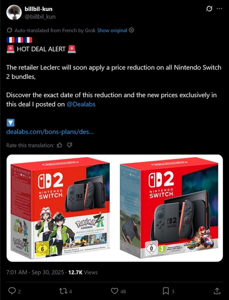 billbil-kun X post over Switch 2 prijsdaling (Afbeelding bron: screenshot, billbil-kun x account)