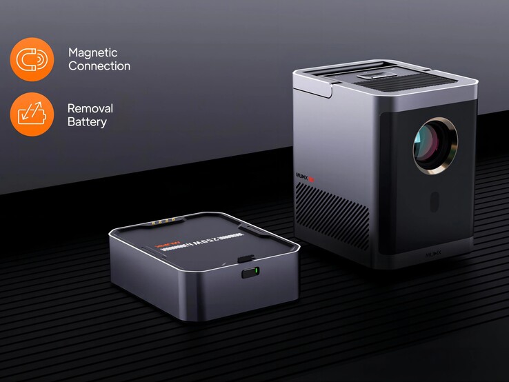 De MUDIX Portable Outdoor Projector heeft een afneembare accu die via magneten wordt bevestigd. (Beeldbron: MUDIX)