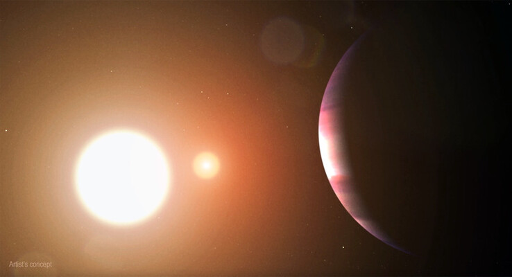 Een illustratie van een kunstenaar die een exoplaneet laat zien die rond twee sterren draait.