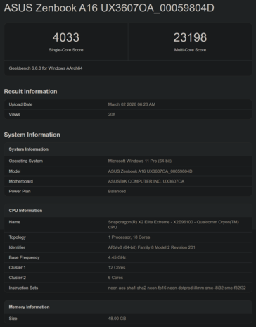 Snapdragon X2 Elite X2E-96-100 Geekbench CPU-prestaties