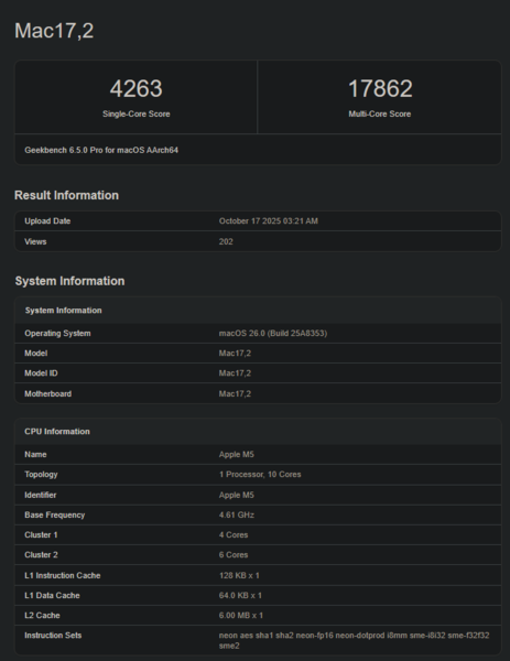 Apple M5 Geekbench score (afbeeldingsbron: Geekbench)
