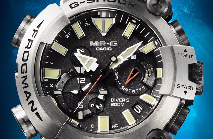 De Frogman MRG-BF1000RG geeft de duiktijd en oppervlaktetijd weer onder een ontspiegelde saffierplaat. (Afbeeldingsbron: Casio)