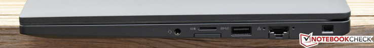 Rechterkant: Gecombineerde 3.5 mm audiopoort, microSD, sim kaart, USB 3.0, Ethernet, Kensington Lock