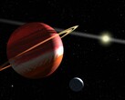 Een illustratie van een planeet, een maan en een ster.