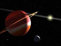 Een illustratie van een planeet, een maan en een ster.
