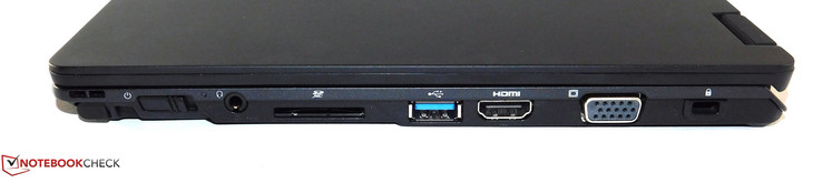 Rechterkant: digitizer slot, aan/en uitknop, 3.5 mm audiopoort, SD kaartlezer, USB 3.0 Type-A, HDMI, VGA, Kensington lock