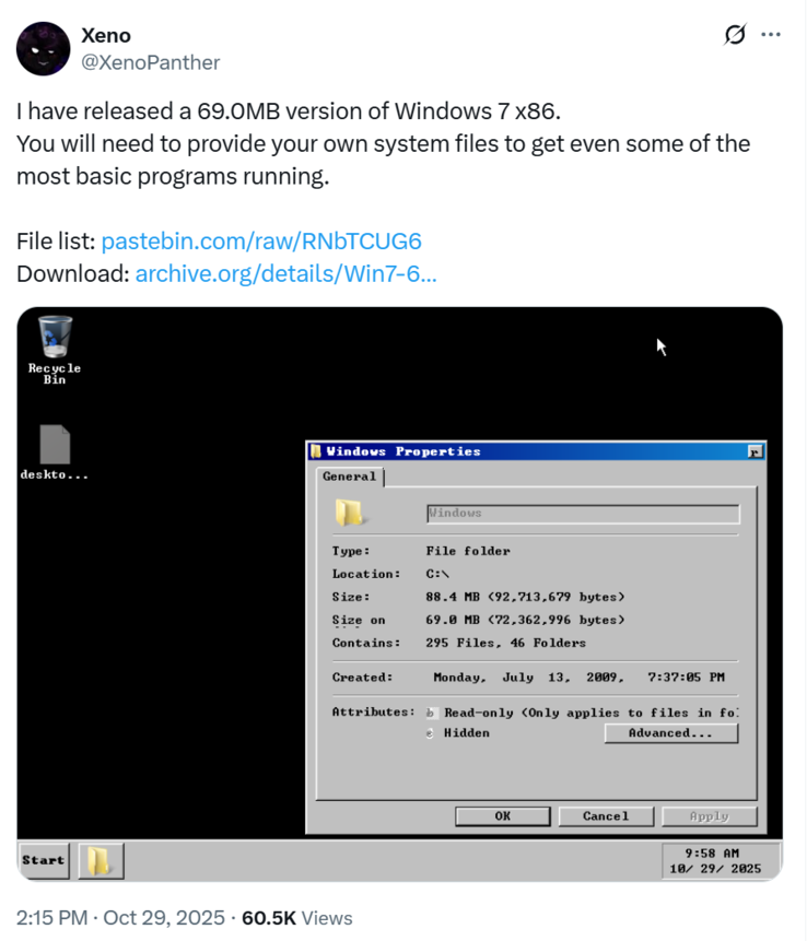 Windows 7 (afbeelding) start op naar het bureaublad in @XenoPanther's lichtgewicht build (Afbeeldingsbron: @XenoPanther)
