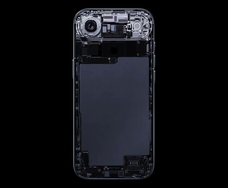 Binnenaanzicht van de Apple iPhone Air met de batterijlay-out en onderdelen van de cameramodule (Afbeelding bron: Apple)