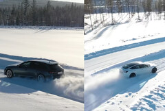 De Audi RS4 Avant Quattro gaat het AWD-gevecht aan met Tesla&#039;s Model 3 Performance met dubbele motor op een winters testcircuit. (Afbeelding bron: Tyre Reviews op YouTube)