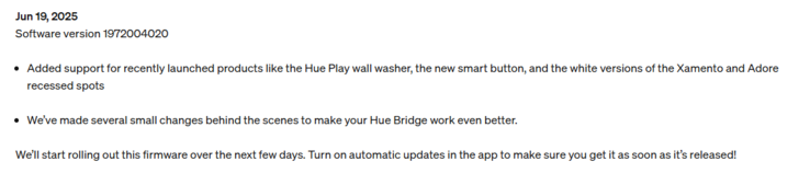 De release notes voor Philips Hue Bridge software versie 1972004020. (Afbeeldingsbron: Philips Hue)