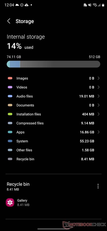 Systeemgebruik op de Galaxy S23 Ultra met 512 GB opslagruimte. (Beeldbron: NotebookCheck)