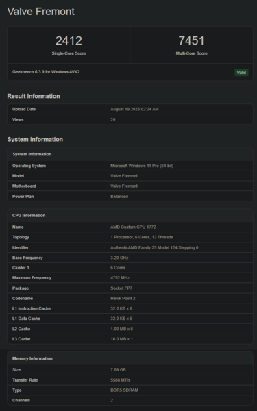 Valve Fremont Geekbench notering (beeldbron: Geekbench)