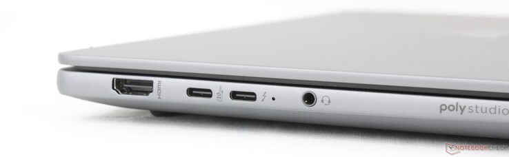 Links: HDMI 2.1, USB-C (10 Gbps) met DisplayPort 2.1 + Power Delivery, USB-C (40 Gbps) Thunderbolt 4 met DisplayPort 2.1 + Power Delivery, 3,5 mm headset