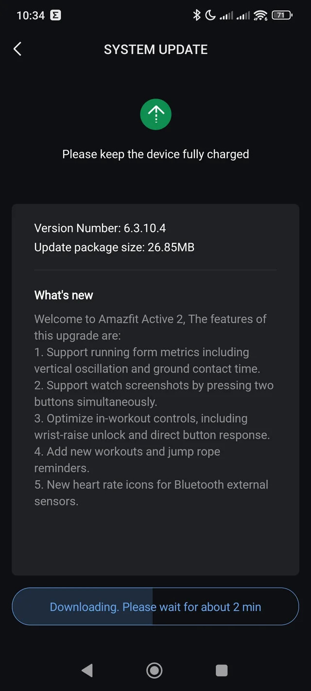 De release notes voor softwareversie 6.3.10.4 voor de Amazfit Active 2 (Round). (Afbeeldingsbron: Reddit)