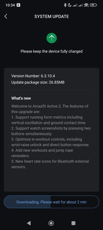 De release notes voor softwareversie 6.3.10.4 voor de Amazfit Active 2 (Round). (Afbeeldingsbron: Reddit)