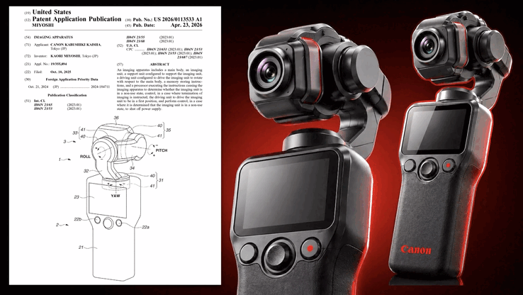Canon's patent van april 2026 (links) en renders van 3-assige gimbal (rechts). De nieuwe blauwdrukken geven prioriteit aan de draagbaarheid van vaste lenzen en slim energiebeheer.