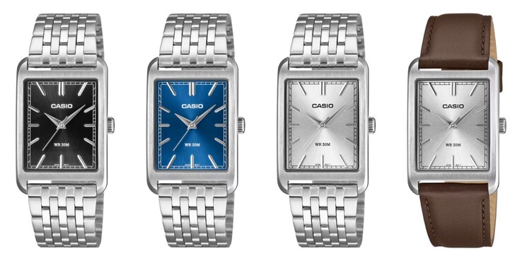 Van links naar rechts: de Casio MTP-B215D-1AV, MTP-B215D-2AV, MTP-B215D-7AV en MTP-B215L-7AV horloges