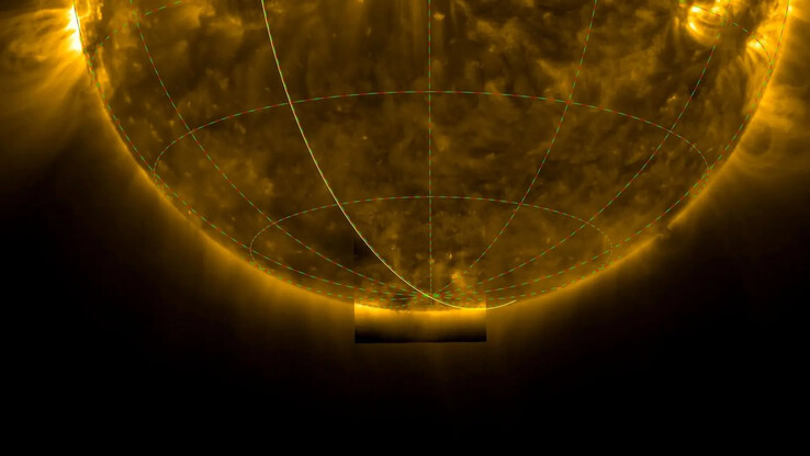 Het ruimteschip Solar Orbiter heeft de eerste beelden van de zuidpool van de zon gemaakt. (Beeldbron: ESA & NASA/Solar Orbiter/EUI Team, D. Berghmans (ROB))