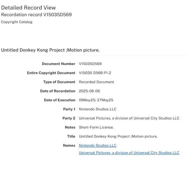 Auteursrecht Nintendo en Universal Pictures voor Donkey Kong film (Beeldbron: U.S. copyright office website)