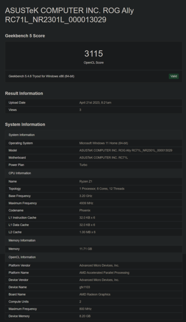 Asus ROG Ally op Geekbench (afbeelding via Geekbench)