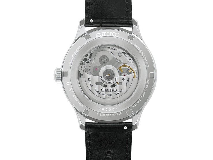 Achterkant van het Seiko Presage Japanese Garden-horloge (ref. HCB007), waarop het automatische mechanische uurwerk zichtbaar is door de transparante achterkant van de kast.