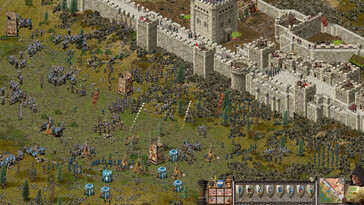 Een afbeelding die een belegering toont in Stronghold: Definitive Edition.